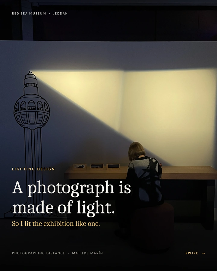 Photographing Distance cover: a visitor beside the focused exhibition lighting