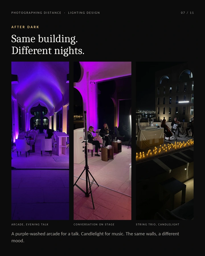 Evening atmosphere — Views of the arcade, an evening talk and a candlelit music event.